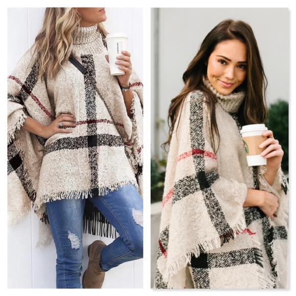 Rouge! Sweaters - Plaid Beige Turtleneck Poncho